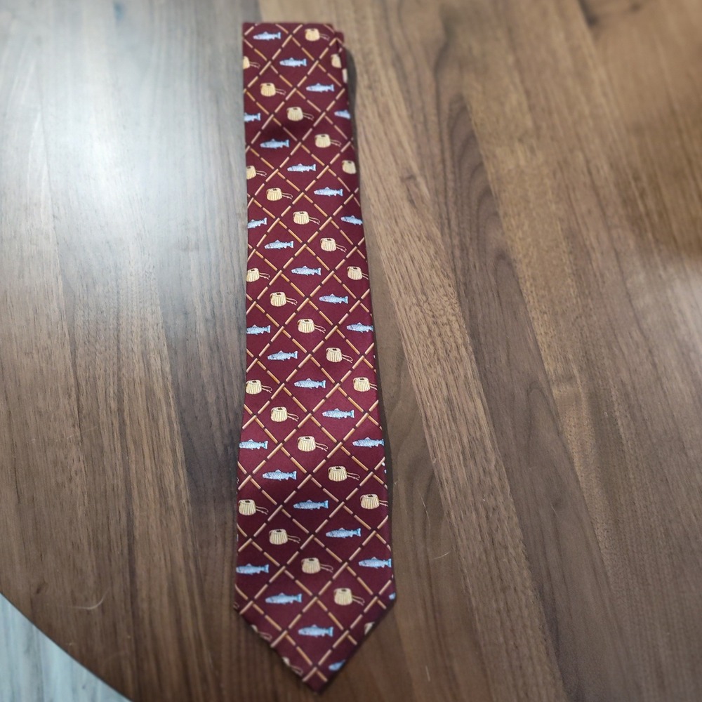 Alynn Neckwear Mens Silk Tie Trout & Creel Fly Fishing Rods Burgundy Novelty